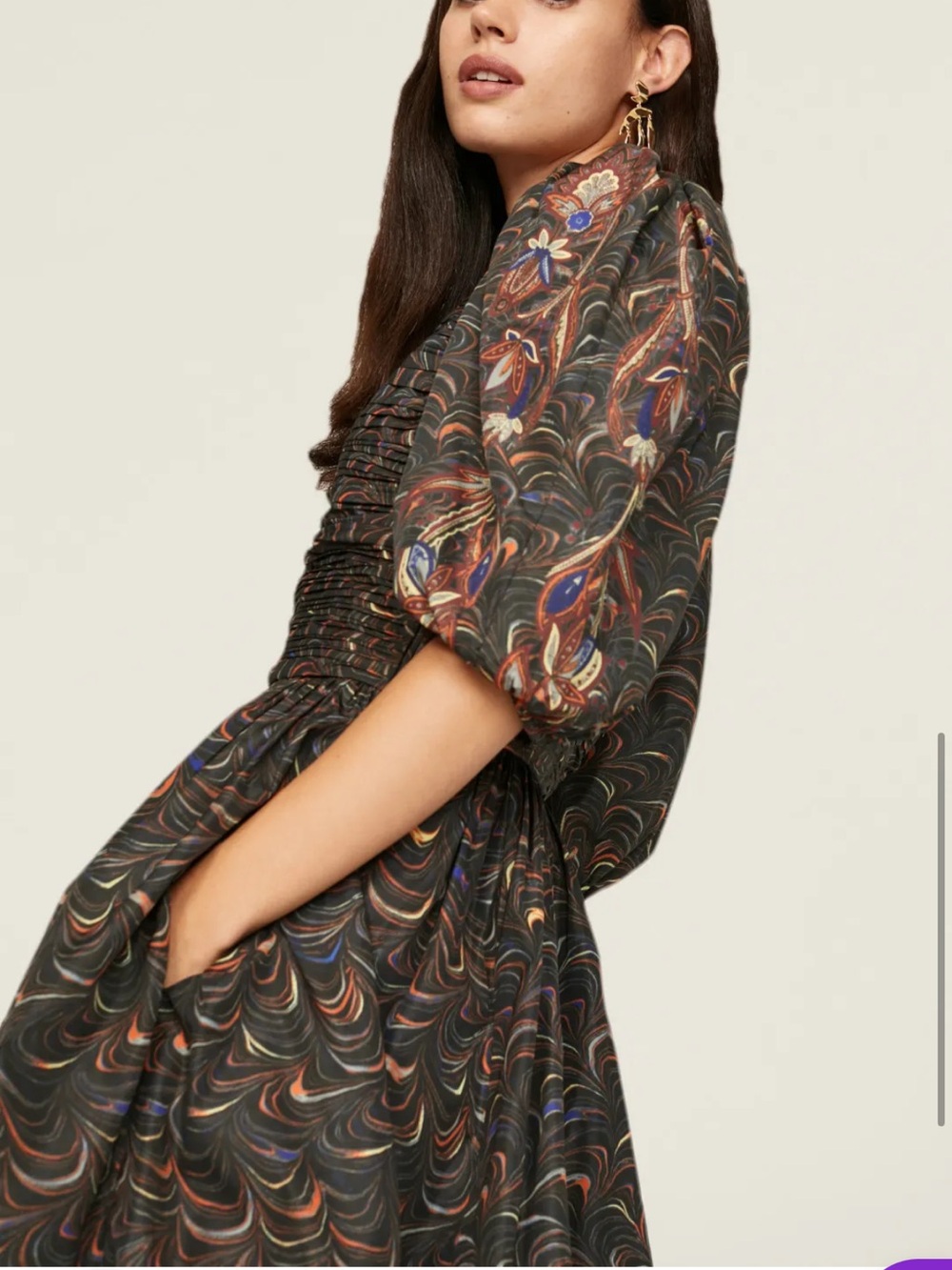 Ulla Johnson Marbled Ruched Puff Sleeve Mini Dress AW22 Black Multi Size 6